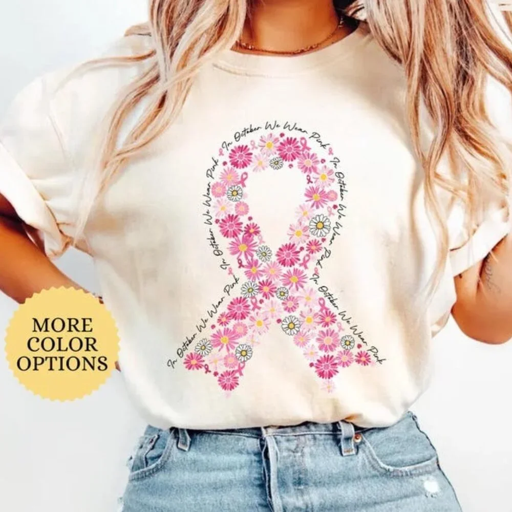 Daisy Floral Breast Cancer Shirt, In October We Wear Pink Tee - Picture 1 of 4
